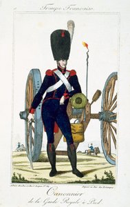 Artillerist fra Royal Guard med en kanon, fra Troupes Francaises, pub. hos Basset, Paris, ca. 1790 av French School