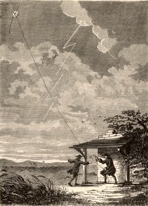 Kunstnerisk gjengivelse av Benjamin Franklins undersøkelse av lynets elektriske natur, fra «Les Merveilles de a Science», av Louis Figuier, ca. 1870 (gravering) av French School