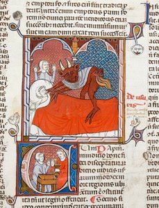 Arundel 484 f.245 En djevel eller demon på sengen til en død person, illustrasjon fra Digestum Vetus med gloss ordinaria, av Justinian, ca.1300-10 (vellum) av French School
