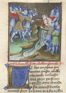 Arundel 67, f.144, middelaldersoldater som kjemper, over en elv, fra Chroniques d