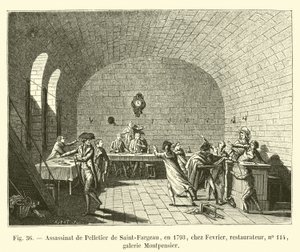 Attentatet på Pelletier de Saint-Fargeau, i 1793, ved Fevrier, restauratør, nr. 114, Montpensier-galleriet av French School