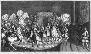 Attentatforsøk på kong Louis XV (1710-74) av Robert Francois Damiens 5. januar 1757 av French School