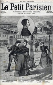 Assassination of the Impress Elizabeth of Austria (Sissi) by the Italian anarchist Luccheni in Geneva in 1898. Cover of “” Le petit Parisien”” of 1898 - The Assassination of Empress Elisabeth of Austria (Sissi) by Italian anarchist Luigi Lucheni, in Geneva av French School