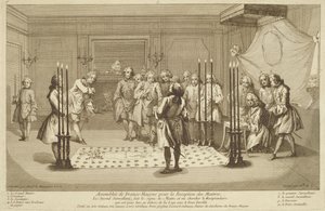 Forsamling av frimurere før innvielsen av en mester, fra The Ceremonies of Religion and Custom ca. 1733 av French School