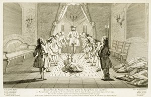 Forsamling av frimurere for initiering av en mester, fra The Ceremonies of Religion and Custom, ca. 1733 av French School