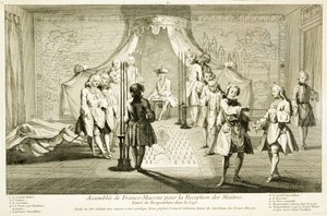 Assembly of Free Masons for Initiation of a Master, kandidatens inngang til logen, fra The Ceremonies of Religion and Custom, ca. 1733 av French School