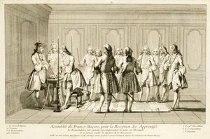 Forsamling av frimurere for å initiere en lærling, fra The Ceremonies of Religion and Custom, ca. 1733 av French School