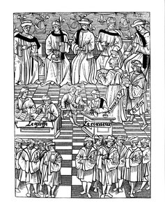 Forsamling av Provostship of the Merchants of Paris, etter et tresnitt i Ordannances Royaux de la Jurisdiction de la Prevote de Marchands et Eschevinage de la Ville de Paris av Jacques Nyverd, publis. av French School