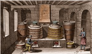 Verksted for en eau de vie destiller - brandy destilleri - "" La Grande Encyclopédie, ou Dictionnaire Raisonne des Sciences, des Arts et des Metiers" (Encyclopedia or Dictionary of the Sciences, Arts and Professions) av Denis Diderot (1713-1784) og Jean av French School