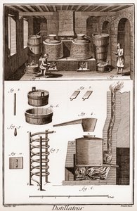 Verksted for en eau de vie destiller - brandy destilleri - "" La Grande Encyclopédie, ou Dictionnaire Raisonne des Sciences, des Arts et des Metiers" (Encyclopedia or Dictionary of the Sciences, Arts and Professions) av Denis Diderot (1713-1784) og John av French School