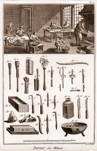 Verksted for en forgyller på metaller - "" The Great Encyclopedia, eller Dictionnaire Raisonne des Sciences, des Arts et des Metiers" (Encyclopedia or Dictionary of the Sciences, Arts and Professions) av Denis Diderot (1713-1784) og Jean d