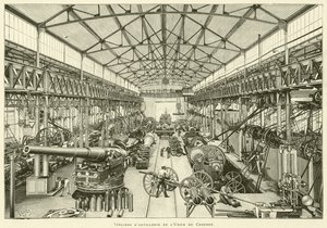 Artilleriverksteder fra Creusot-fabrikken (gravering) av French School