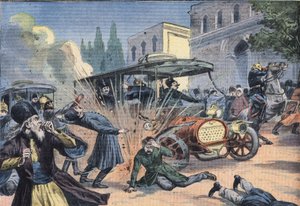 Angrep på sjahen av Persia Mohammad Ali Shah Qajar (1872-1925). Gravering fra avisen "Le Petit Parisien"" av French School