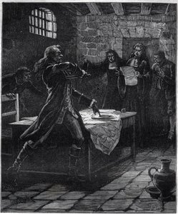 Attempted suicide of Marquis Thomas Arthur, Baron de Tollendal, Count of Lally (1702 - 1766), French general of Irish origin at the time of the announcement of his death sentence for treason by the Paris parliament in 1766. Engraving of the 19th century. av French School
