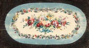 Aubusson-design for en sofarygg eller seterygg med spray av blandede blomster innenfor bånd- og blomsterkanter av French School