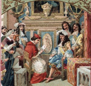 Publikum gitt til Legat i kongens rom (Louis XIV?) på slottet i Versailles. Kromolitografi på slutten av 1800-tallet av French School