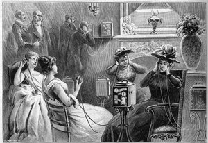 Audition av Theatrophone (teaterprøver hjemme) i salongen på et storslått hotell i Paris i 1892. av French School