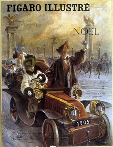 Bil Dion-Bouton 1905 og frakker og pelsverk Grunwaldt - i "" Le Figaro Illustré", desember 1904 av French School