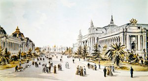 Avenue Nicholas II som viser Grand Palais og Petit Palais under Exposition Universelle i Paris, illustrasjon fra 