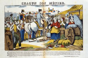 Tilbake fra øya Elba ble Napoleon møtt med entusiasme av franskmennene. Bilde av Epinal av French School