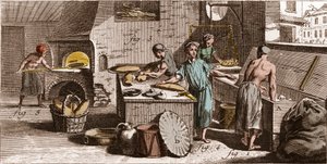 Bakeri - Et bakeri - "" The Great Encyclopedia, eller Dictionnaire Raisonne des Sciences, des Arts et des Metiers" (Encyclopedia or Dictionary of the Sciences, Arts and Professions) av Denis Diderot (1713-1784) og Jean d'Alembert (1717)  av French School