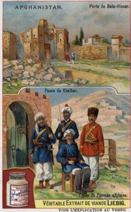 Bala-Hissar-porten i Afghanistan og soldater fra den afghanske hæren ved Khaiber-overgangen. Reklamekromolitografi fra 1800-tallet. av French School