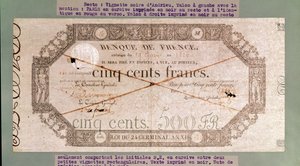 Seddel på 500 franc fra Årets 24. Germinal XI, 1806 (blekk på papir) av French School