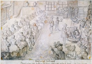 Bankett ved Sandricourt-turneringen i 1493 (brunt blekk og blyant på papir) av French School