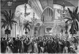 Bankett for avisen ""Le Figaro"", gitt 6. februar 1864 i salongen til Restaurant du Passage des Princes i Paris, deltatt av journalister, forfattere, kunstnere... Er til stede, fra venstre til høyre: Nestor Roqueplan , Mme Ugalde , de Montaut, Peter