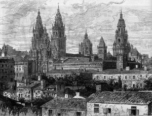 Baroque art: view of the Cathedral of Santiago de Compostela (Santiago de Compostela). Spain. Engraving in “” Le Monde Illustré”” n°1220 of 14 August 1880. av French School