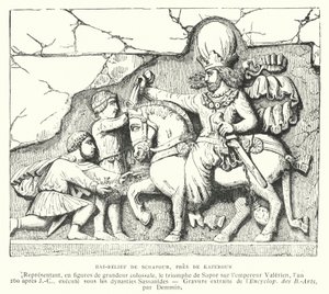Basrelieff nær Kazerun, Iran, som viser seieren til den sasaniske kongen Shapur I over den romerske keiseren Valerian i slaget ved Edessa, 260 (gravering) av French School