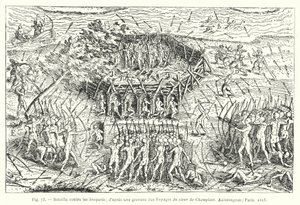 Kamp mot Iroquois; etter en gravering fra Travels of Sieur de Champlain, Xaintongeois, Paris av French School
