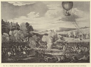 Slaget ved Fleurus, 8. Messidor år II (26. juni 1794), der den fangede militærballongen observerer alle bevegelsene til den østerrikske hæren (gravering) av French School