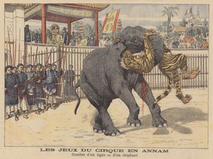 Kamp mellom en elefant og en tiger i et sirkus i Annam, Indokina (fargelitografi) av French School