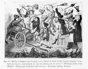 Battle of Beggars and Peasants over a Barrel of Wine, fra Book of King Modus, illustrasjon fra vitenskap og litteratur i middelalderen og renessansen, skrevet og gravert av Paul Lacroix
