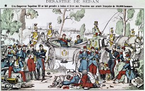 Slaget ved Sedan i 1870. Den tidligere keiser Napoleon III blir fanget i Sedan og leverer til prøysserne en fransk hær på 80 000 mann, bilde av en spinal. av French School