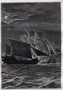 Battle of the Swallow og en malaysisk paro: Svaleskipet til Philip Carteret eller Philippe de Carteret (1733-1796) kjempet med et malaysisk piratskip i det indonesiske farvannet i 1767 - illustrasjon fra "The Great Mariners of the 18th century"&q av French School