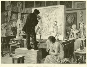 Fine Arts, A Workshop Corner, maleri av M Edouard Dantan (gravering) av French School
