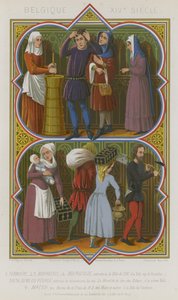 Belgiske 1300-tallsskildringer av gårdsarbeidere, borgerskap, allmuen og en murer av French School