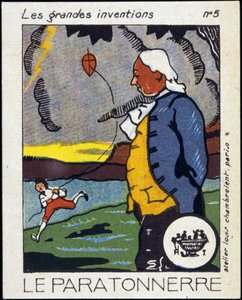 Benjamin Franklin, amerikansk politiker og fysiker (1706-1790) og lynavlederen (opplevelsen av dragen) - Label, Deb. Det 20. århundre av French School