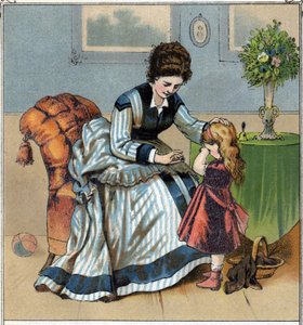 Berthe is crying because she just poked her finger while doing sewing work. Her mother scolds her for forgetting to use the sewing. Chromolithography taken from “Scenes enfantines””. published by Guerin - Muller around 1885. av French School