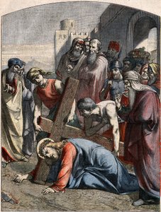 Bible Scene - Way of the Cross: Jesus falls for the first time. Engraving in “” Le Pelerin”” of May 3 av French School