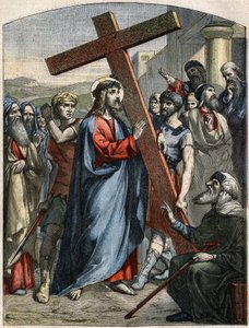 Bibelscene - Korsveien: Jesus er korsets byrde. Gravering i "" Le Pelerin"" av 3. mai av French School