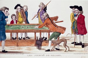 Biljardspillere (årets termidor 8 i den revolusjonære kalenderen) (1800). Tegnefilm. Fargegravering av den franske skolen i den revolusjonære perioden. Paris, Musee Carnavalet av French School