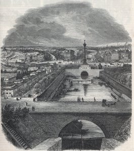 Fugleutsikt over Canal Saint-Martin (Saint Martin), Place og Bastille-distriktet, tatt fra høyre bredd av Seinen - Gravering i "Tableau-de-Paris" av Edmond Texier 1852 av French School