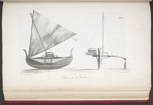 Båt fra Caroline Islands, fra A Picturesque Voyage Round the World, med portretter av villmenn fra Amerika, Asia, Afrika og øyene i det store hav; landskap, havutsikt og flere naturhistoriske gjenstander; sammen med av French School