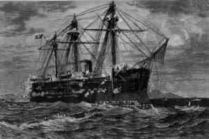Båtskip angrepet av torpedobåter (1800-tallet). Gravering etter maleriet av Pierre Emile de Crisenoy (1800-tallet) i "" The Illustrous World"" nr. 1220 av 14. august av French School