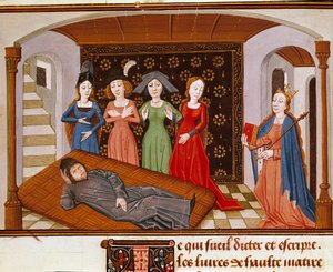 Boece (Boezio) omgir filosofi og muser. Miniatyr hentet fra ""De Consolatione Philosophiae""" (Filosofiens trøst) av Boece (eller Anicius Manlius Torquatus Severinus Boetius eller Boethius) oversatt av Johannes av Meung (1240-1305). Rouen. kommune av French School