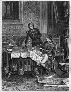 Bonaparte (1769-1821) indikerte til general Jean Joseph Dessolles (Jean-Joseph Dessoles) (1767-1828) en kampanjeplan for Armee of the Rhine, mars 1800 - Gravering av 1865 i "Histoire du Consulate et de l
