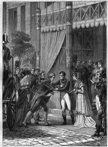 Bonaparte og Josephine de Beauharnais mottar den unge kongen av Etruria, Louis I (Louis I av Bourbon eller Ludovico I av Borbone) (1773-1803), akkompagnert av sin kone, Marie Louise (Marie Louise) av Bourbon (1782-1824) i huset deres i Malmaison i juli 180 av French School